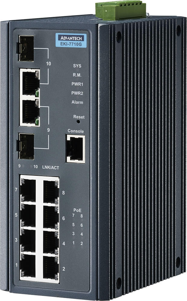 EKI-7710G-2CPI Advantech 8GE PoE+2G Combo Managed Ethernet Switch, IEEE802.3af/at, 24~48VDC, -40~75℃