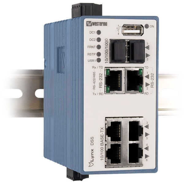 L108-F2G-S2 Lynx DSS Managed Device Server/Switch von Westermo auf einer DIN-Schiene